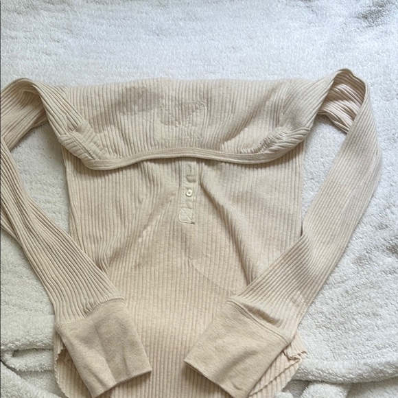 Aerie Cream Ribbed Button Down Polo Shirt - Picture 3 of 3